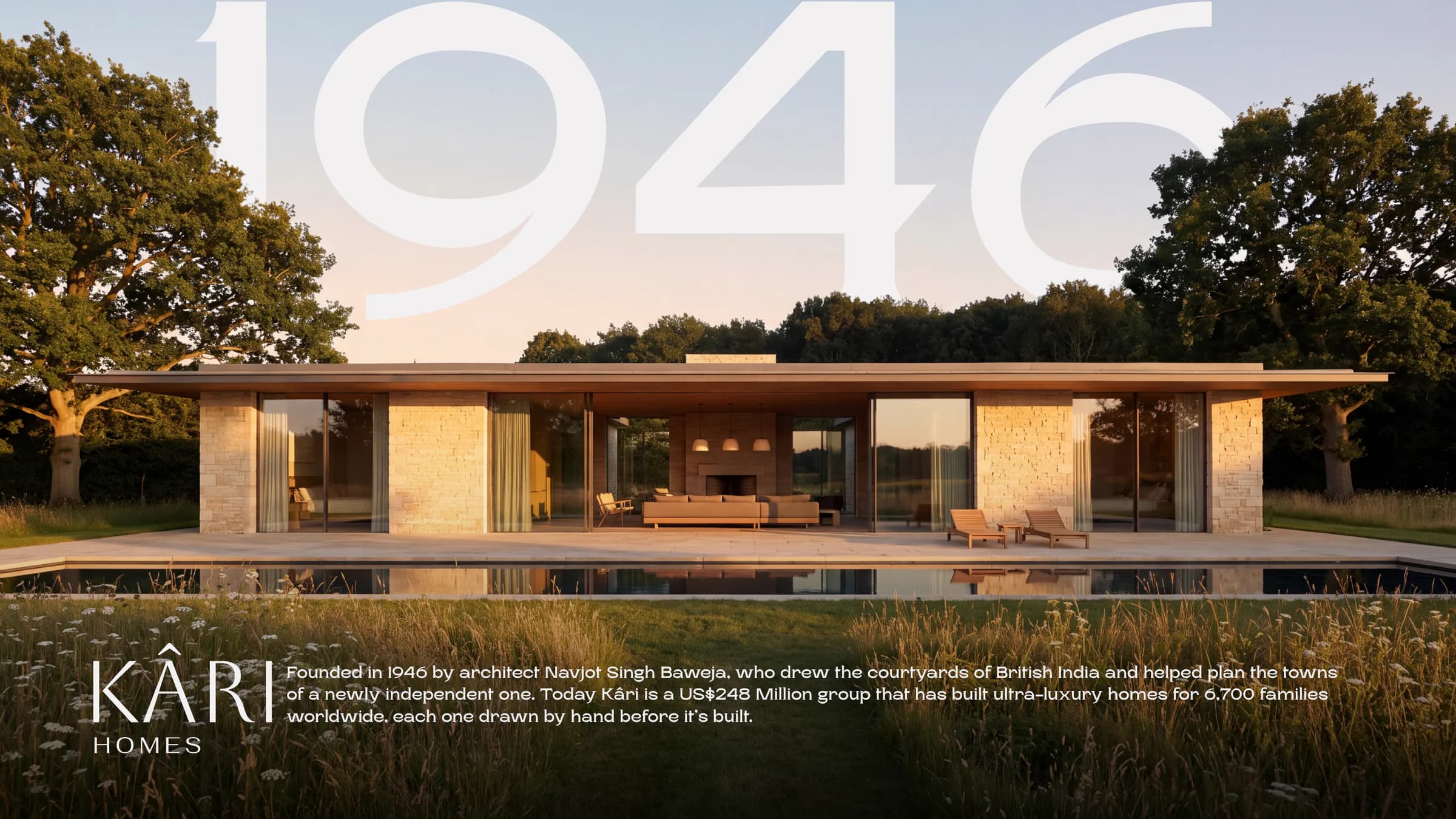 “1946” over a limestone-and-glass house beside a reflecting pool, with the Kâri founding story