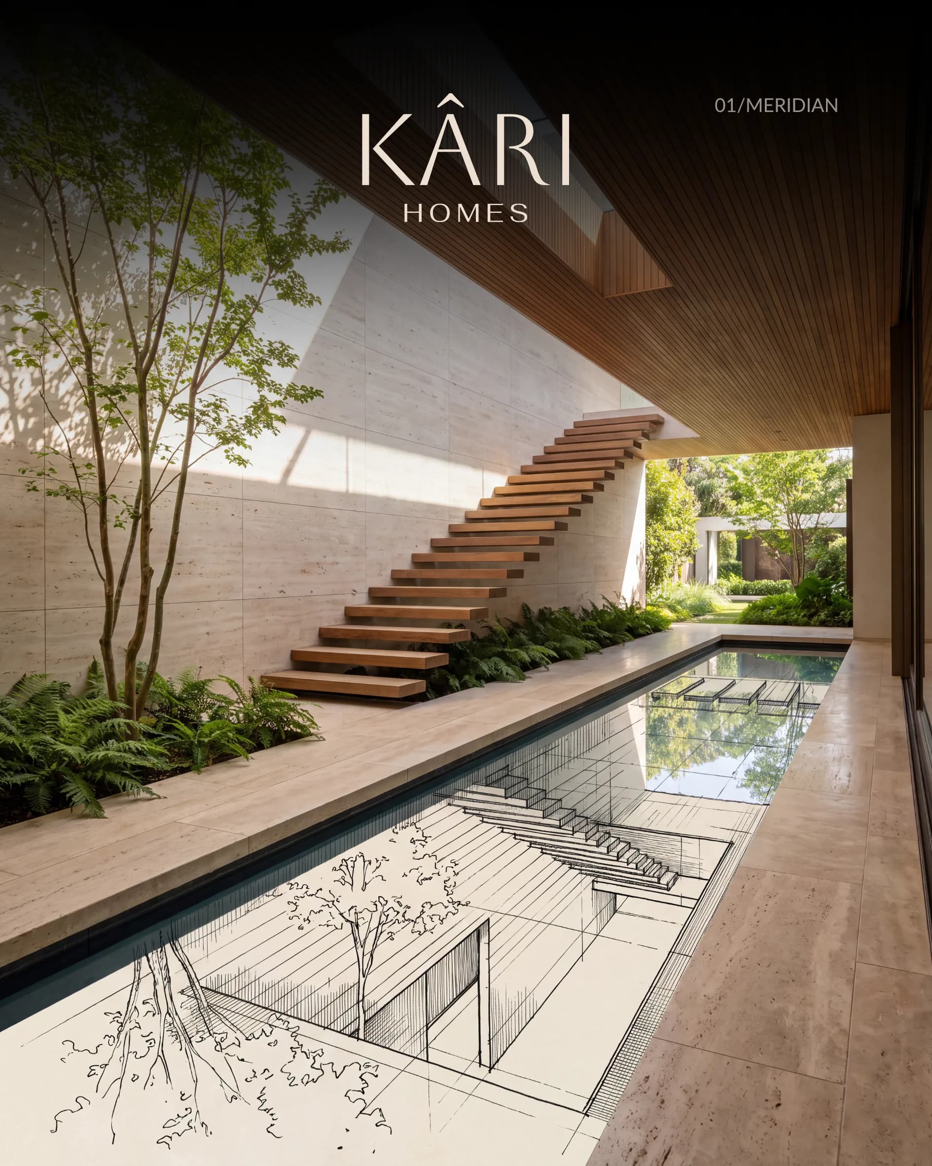 Meridian, a travertine courtyard with a floating teak stair, its pool reflecting the house as a drawing