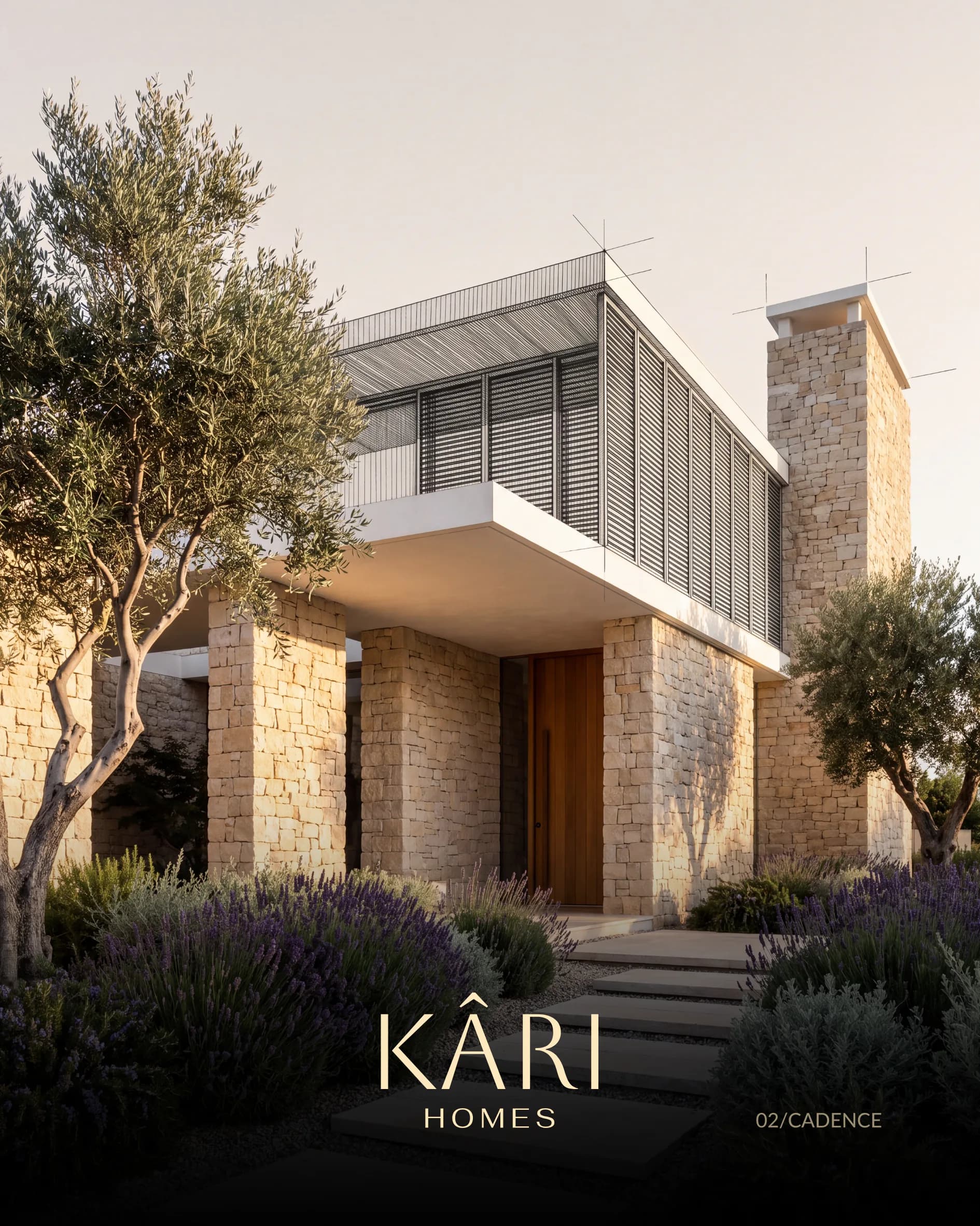 Cadence, limestone piers among olives and lavender, the louvred upper floor still in drafting lines