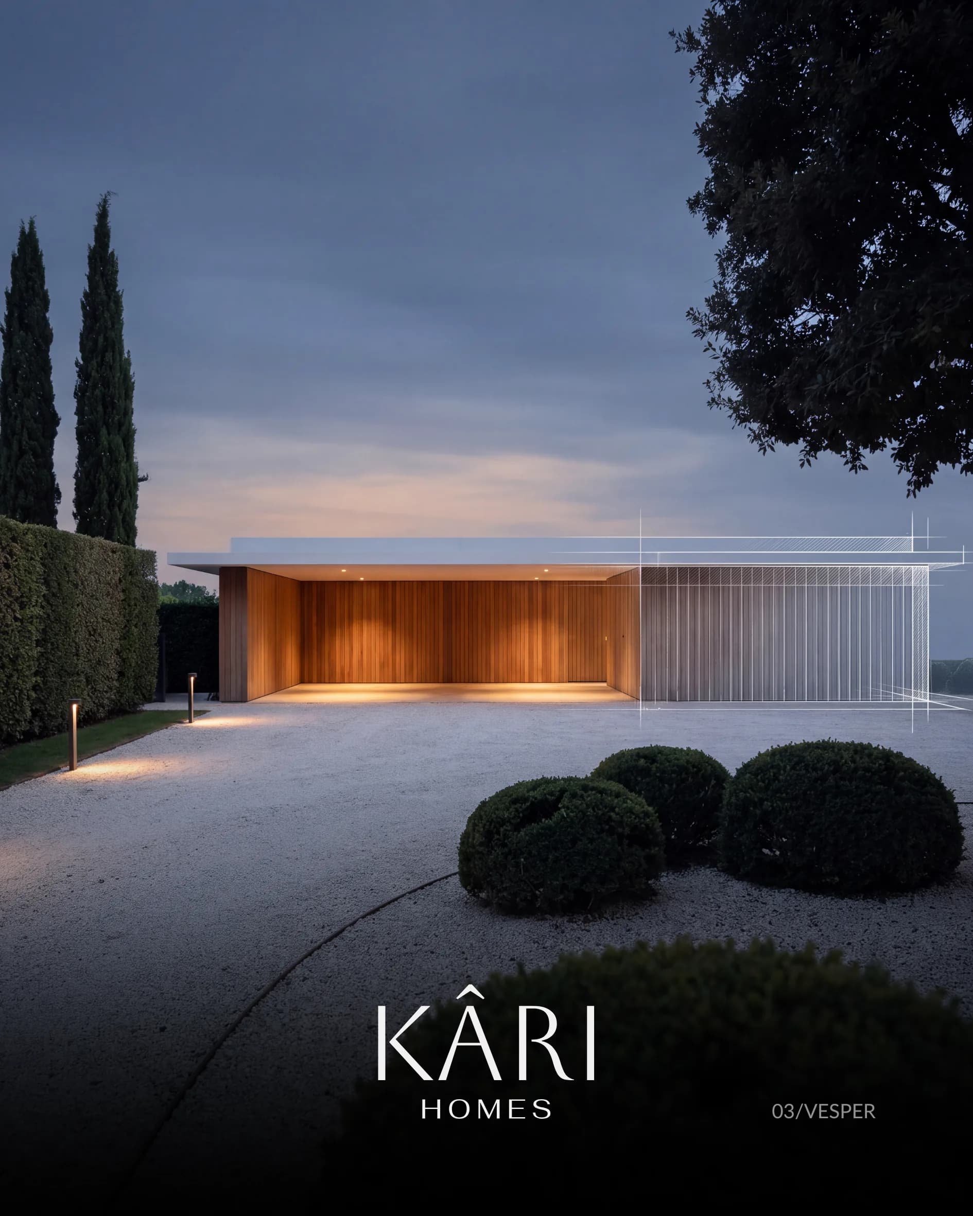 Vesper, a glowing teak arrival pavilion at dusk, its right wing still drawn in white lines