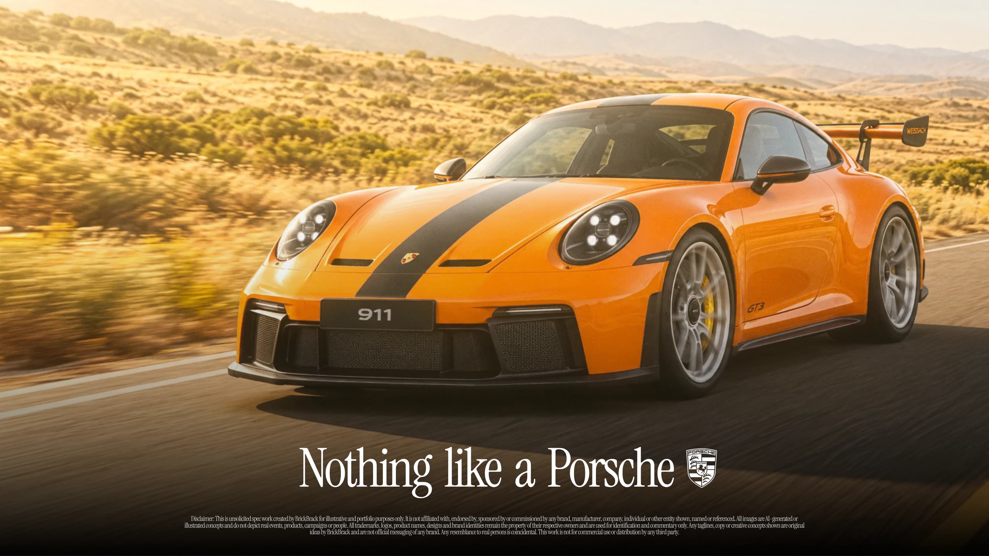 An orange Porsche 911 GT3 with a black centre stripe at speed on an open road through dry hills, the landscape streaked with motion behind it. The line Nothing like a Porsche runs along the bottom.