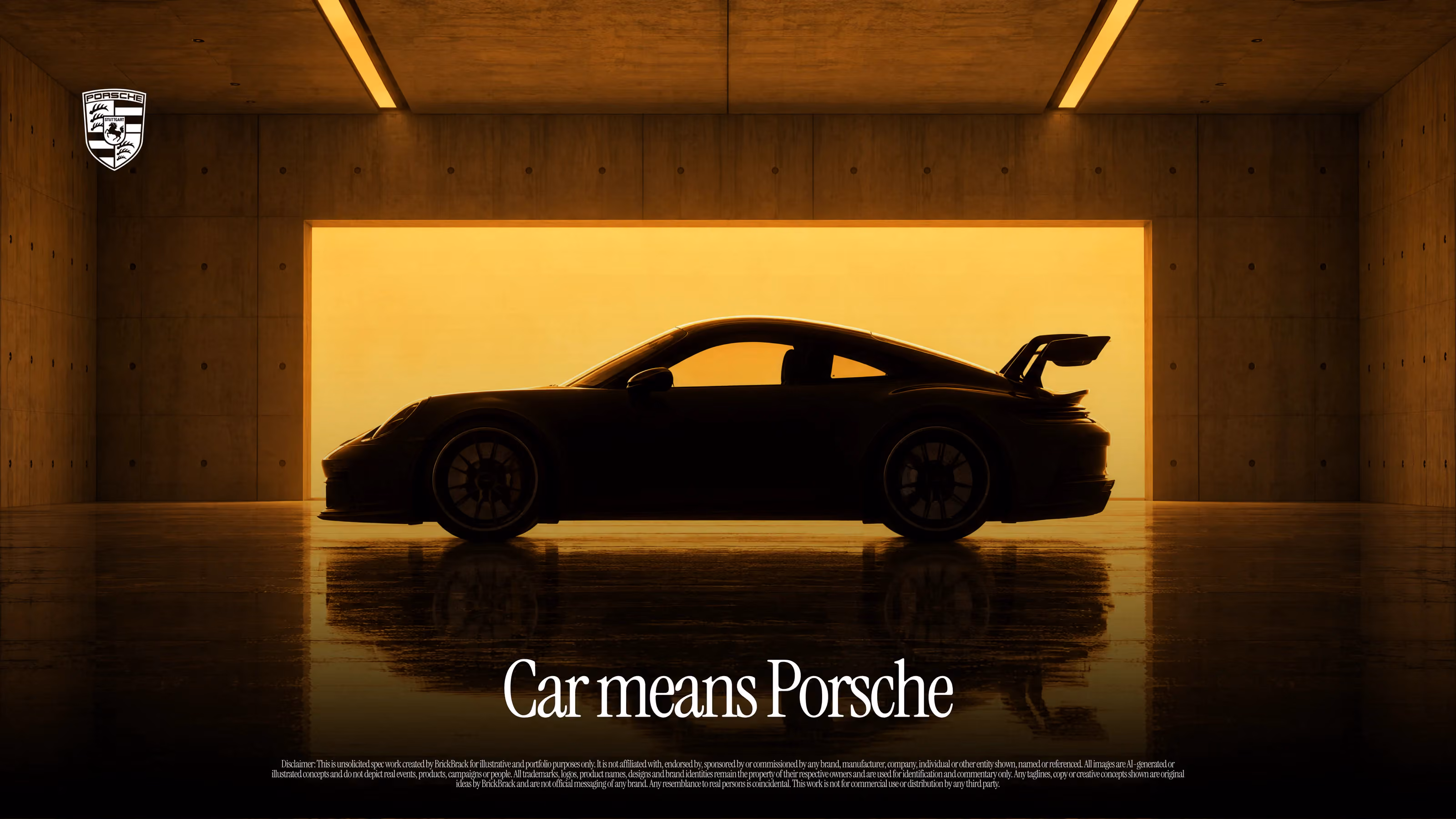 The silhouette of a Porsche 911 against a glowing amber wall in a bare concrete room, reflected in the polished floor. The line reads Car means Porsche.