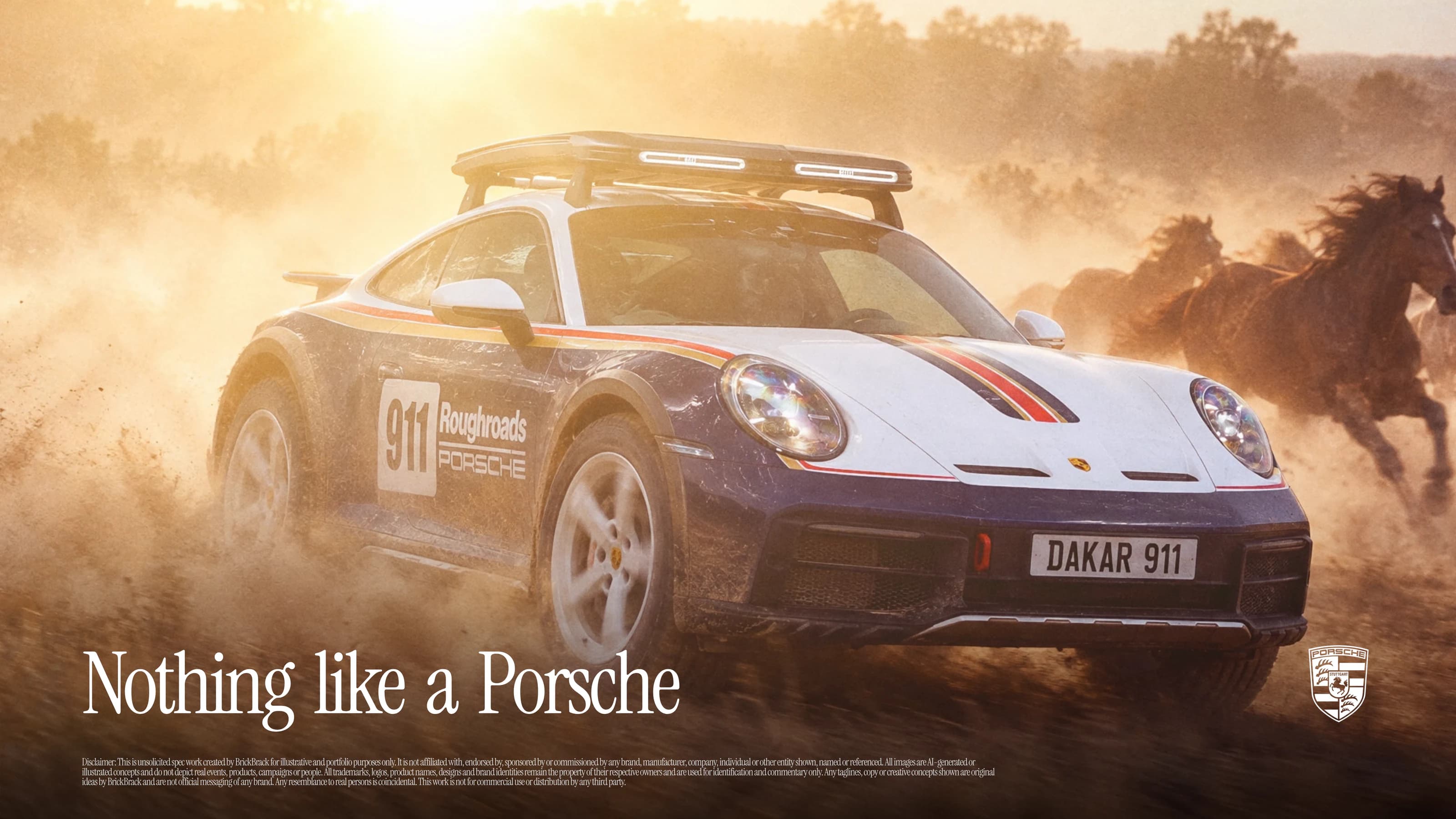 A Porsche 911 Dakar in white and blue rally livery throws up dust at golden hour as a herd of wild horses runs beside it. The line Nothing like a Porsche sits in the lower left.