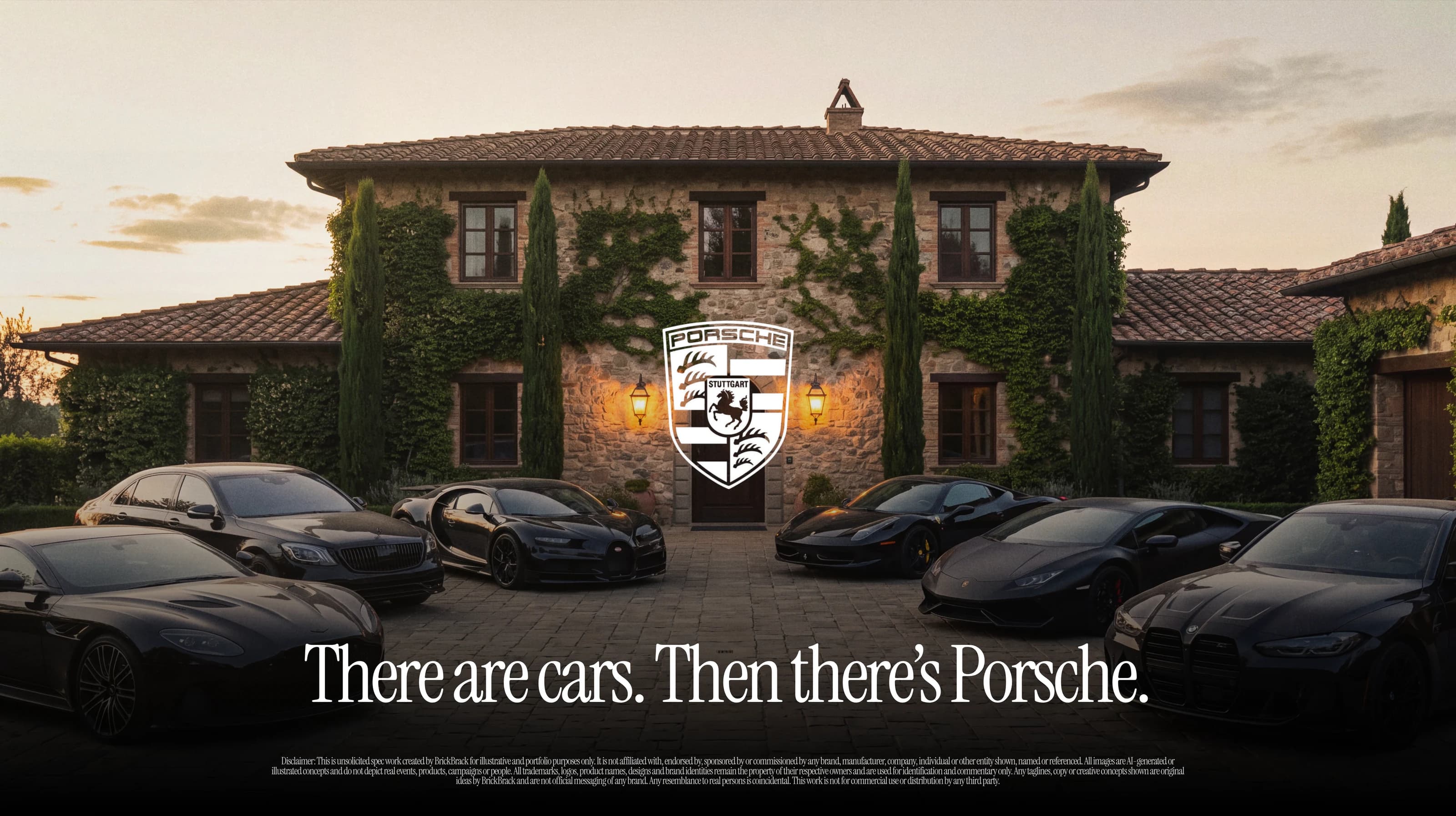 Six parked cars in front of an ivy-covered stone villa at dusk, the Porsche crest lit above the door and no Porsche in the drive. The line reads There are cars. Then there’s Porsche.