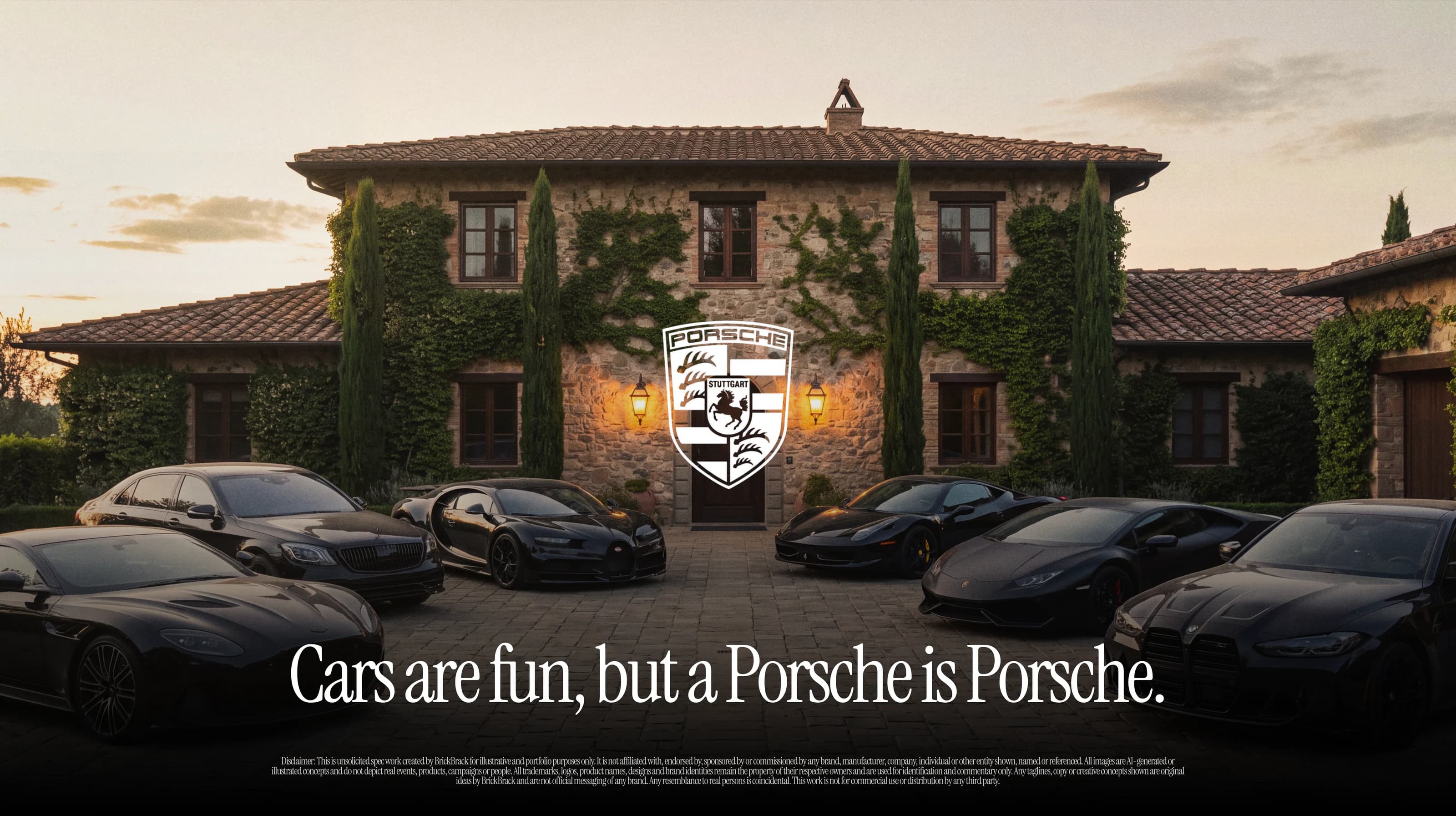 The same villa and the same six parked cars at dusk, with no Porsche in the drive. The line reads Cars are fun, but a Porsche is Porsche.