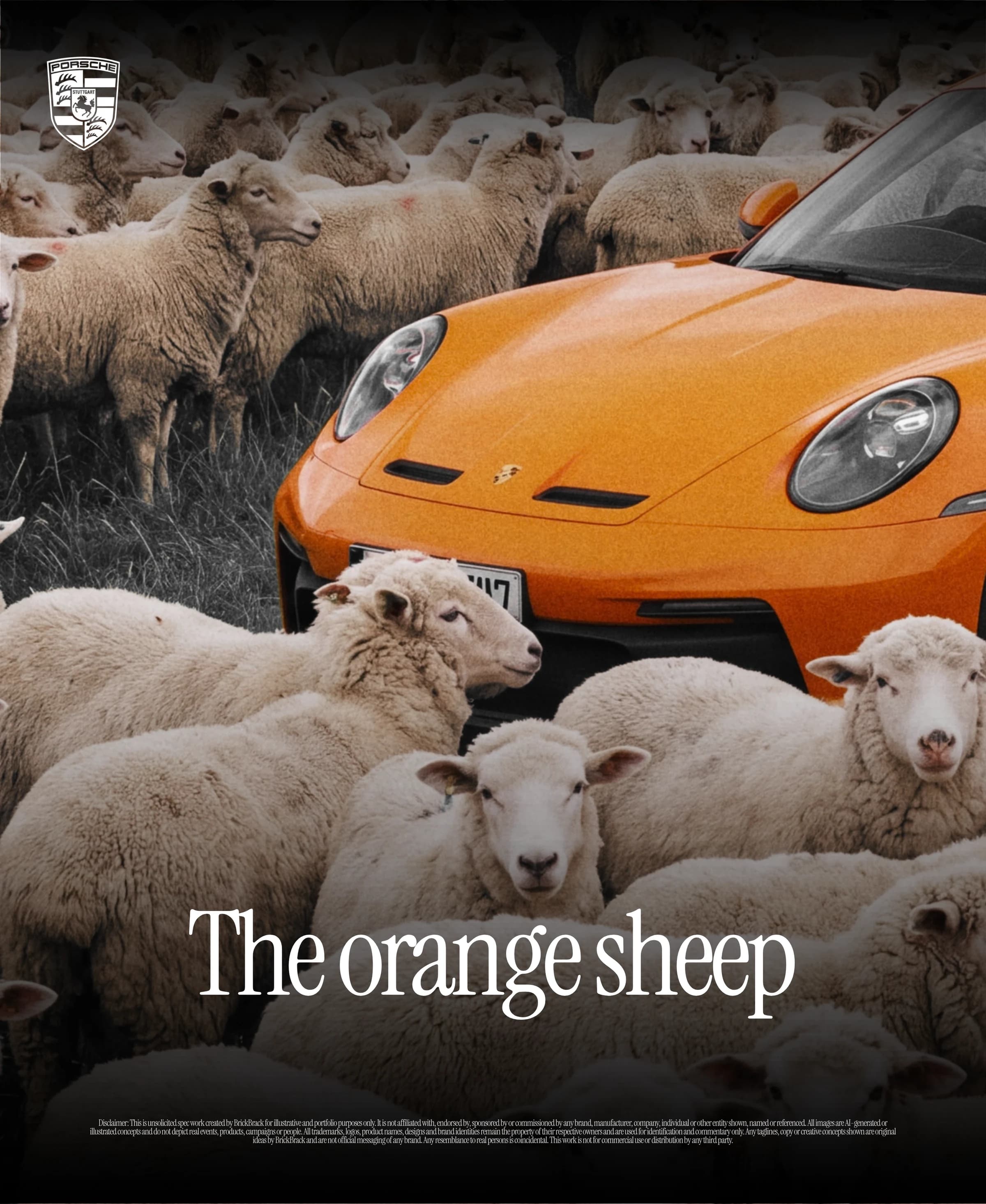 An orange Porsche 911 parked in the middle of a flock of sheep. The line reads The orange sheep.