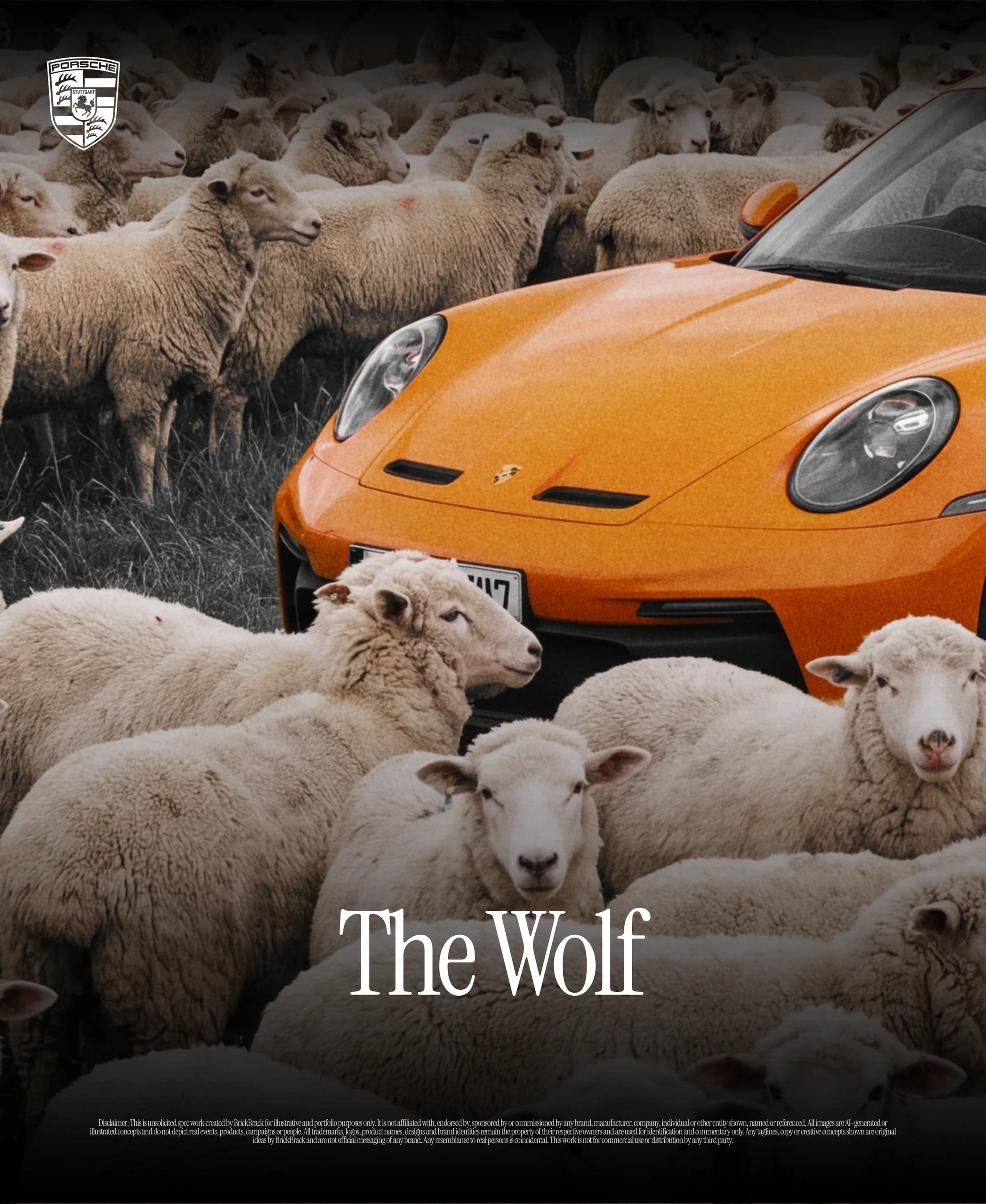 The same orange Porsche 911 in the same flock of sheep. The line reads The Wolf.